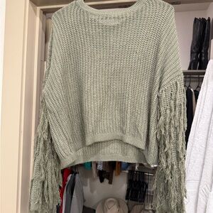 Fringe Sleeve Knit Sweater - Green